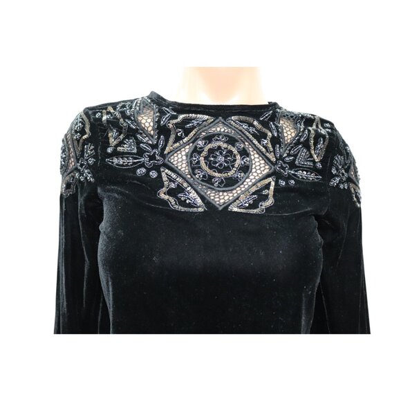 ZARA Black Velvet Embroidered Beaded Embellished Mini Dress Fringe Sleeves S - Picture 7 of 8